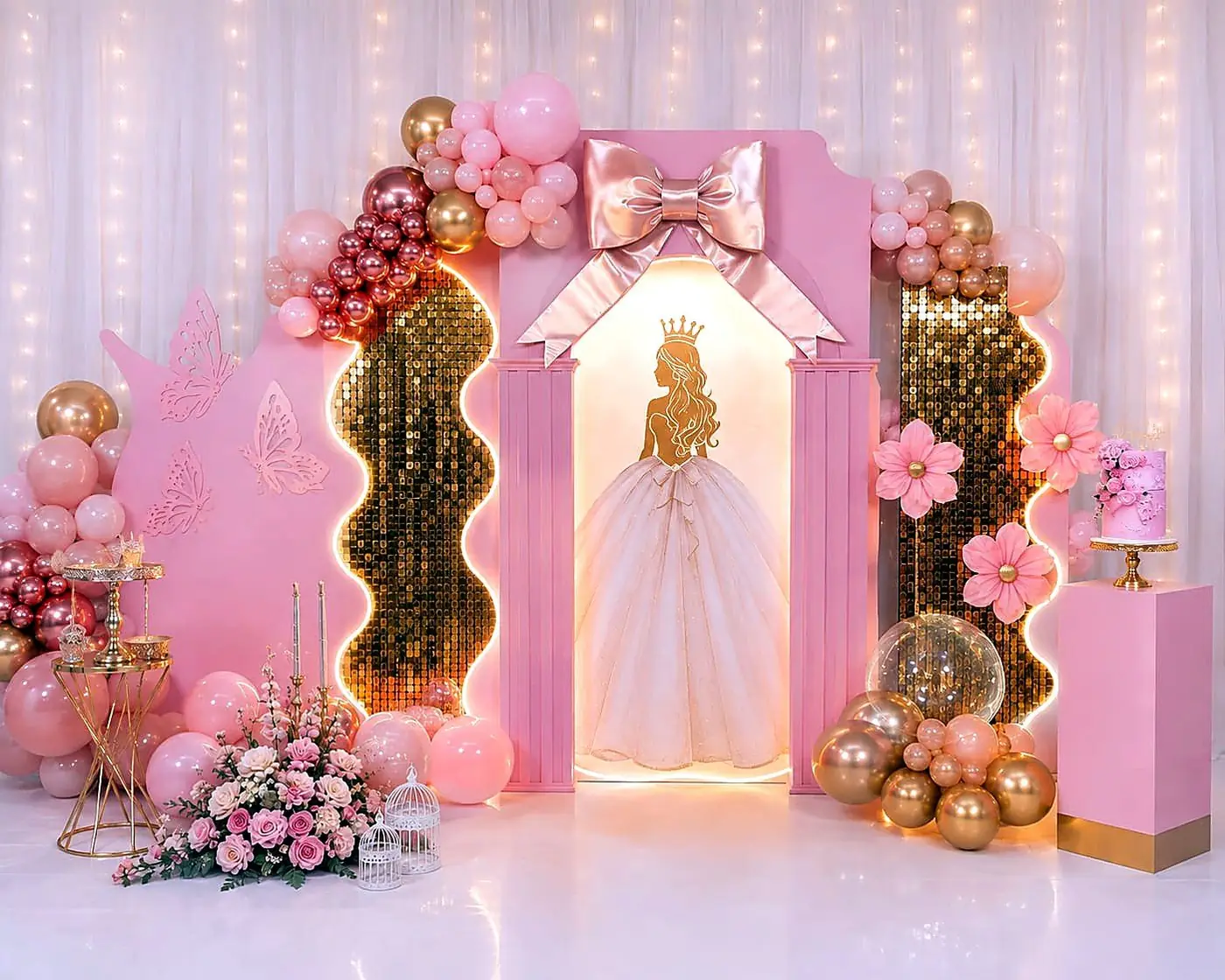 Quinceañera princess backdrop in pink and gold with sequin panels, balloon garlands, butterflies and a floral cake table by Bsquare Events